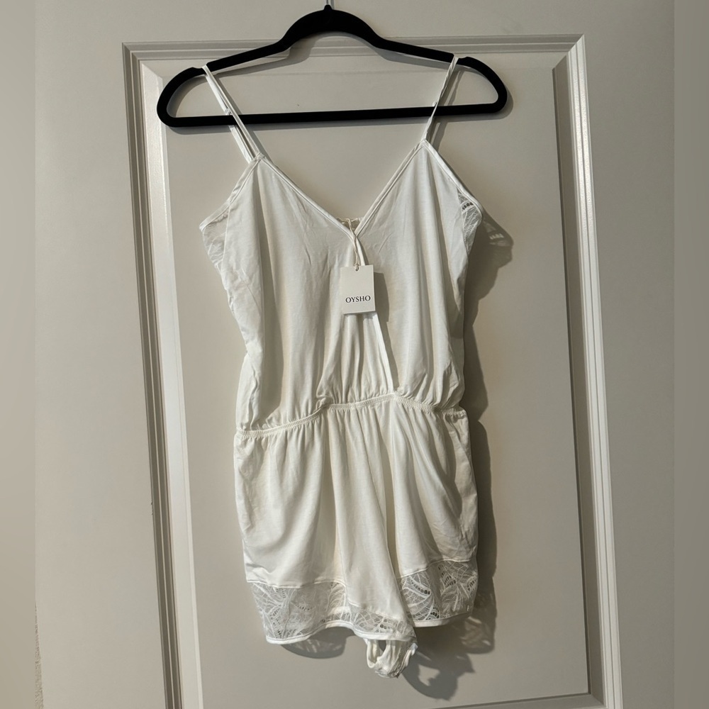 NEW Oysho Sleep Romper One Piece Lace Tank Pajamas Size Small White Bridal NWT
